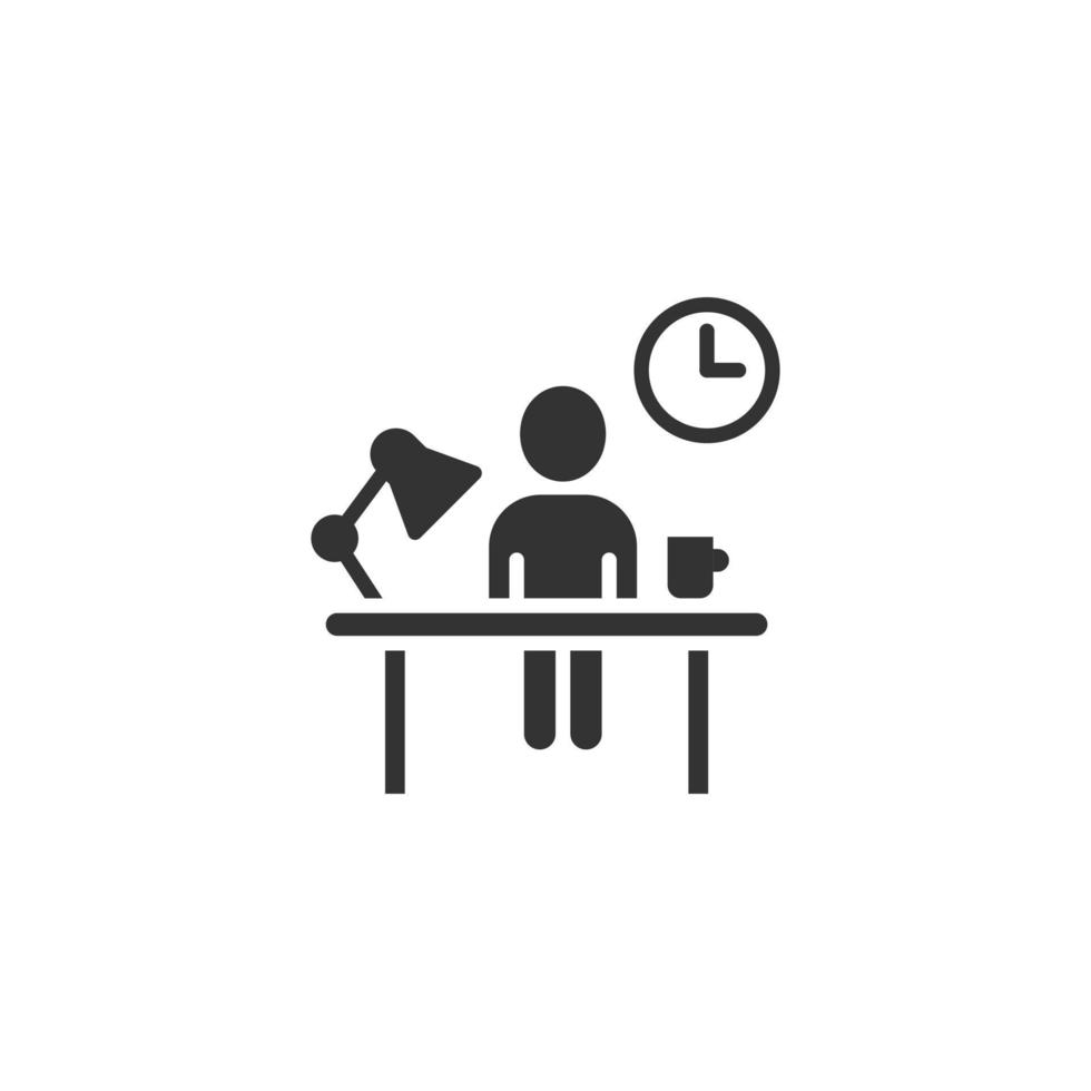 personas con lámpara de mesa e icono de reloj en estilo plano. Ilustración de vector de espacio de coworking sobre fondo blanco aislado. concepto de negocio de trabajo independiente.