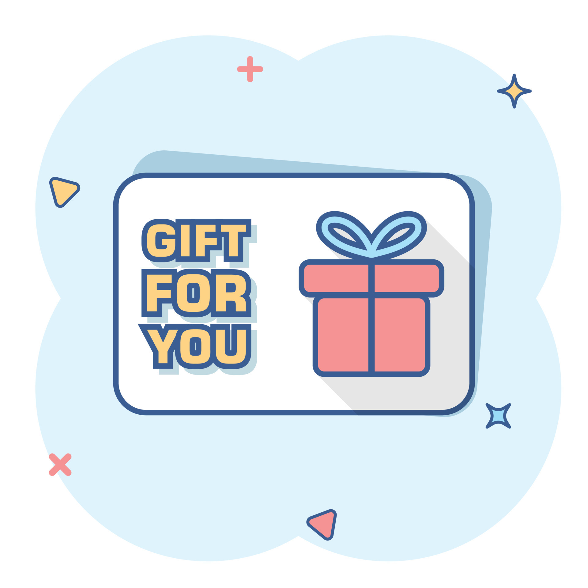 Cartoon colored gift card icon in comic style. Gift voucher present