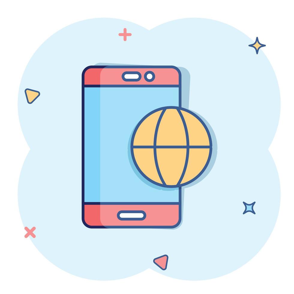 Globe smartphone icon in comic style. Mobile phone location cartoon vector illustration on white isolated background. Destination splash effect business concept.