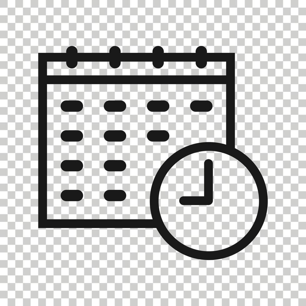 calendario con icono de reloj en estilo plano. Ilustración de vector de agenda sobre fondo blanco aislado. programar el concepto de negocio del planificador de tiempo.