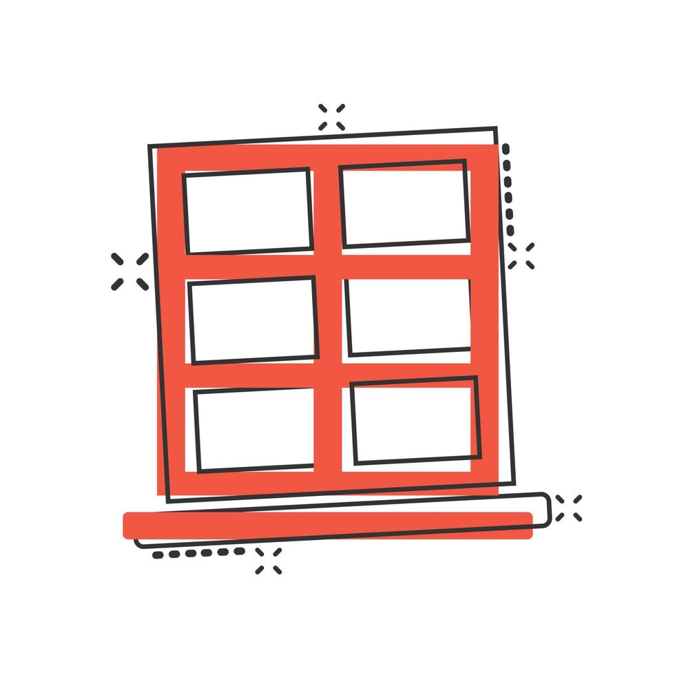 icono de ventana en estilo cómico. ilustración vectorial de dibujos animados abatibles sobre fondo aislado. concepto de negocio de signo de efecto de salpicadura interior de casa. vector