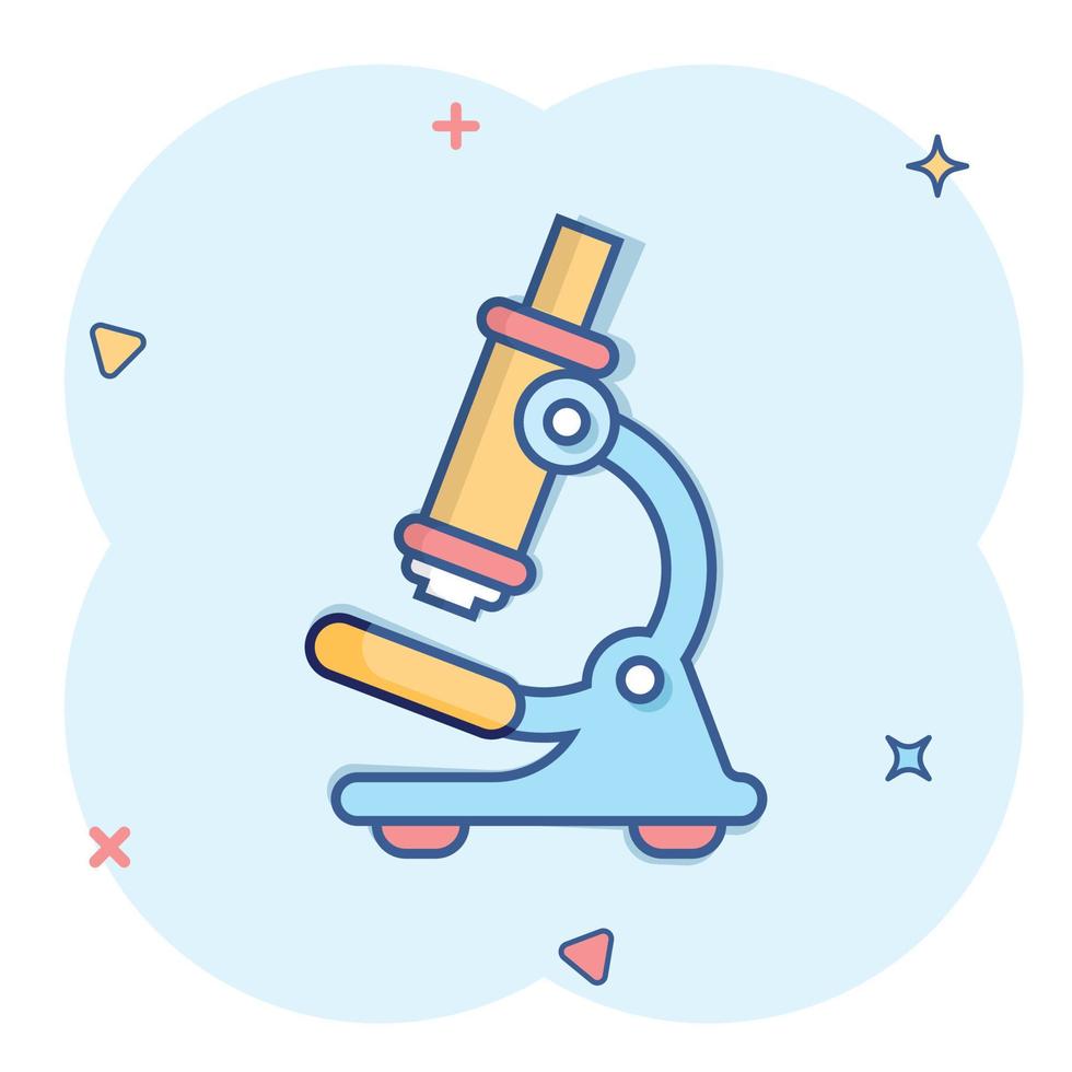 Microscope icon in comic style. Laboratory magnifier cartoon vector illustration on isolated background. Biology instrument splash effect sign business concept.