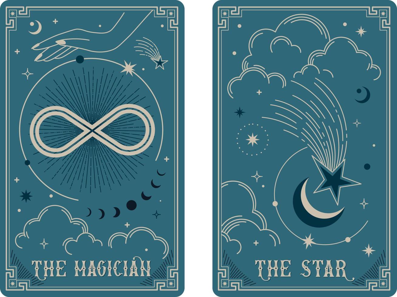 The Magician and The Star tarot card illustration fortune telling occult mystic esoteric. Celestial Tarot Cards Basic witch tarot vector