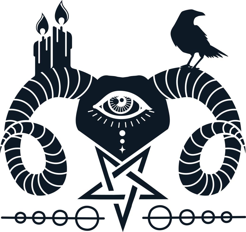 Satanic goat head with the pentagram, eye, candle, and raven  Illustration for tattoo, print, and emblem. vector