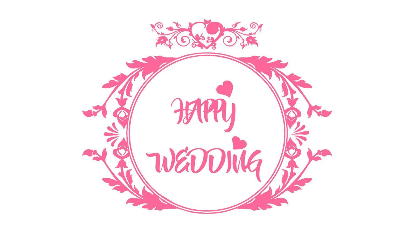 tipografía de texto rosa de boda feliz con adorno floral vector