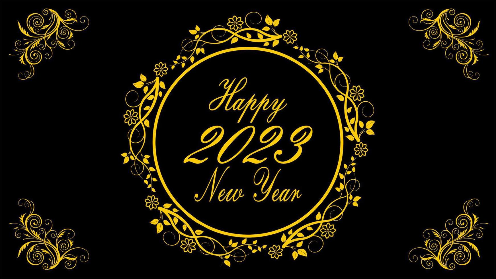Happy New Year 2023. Beautiful gold text floral ornament isolated on black background. Suitable for greeting card, banner, poster, logo, business vector