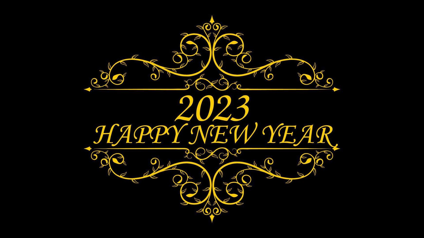 feliz año nuevo 2023. texto amarillo con adorno floral aislado en un fondo negro. adecuado para tarjeta de felicitación, pancarta, afiche vector