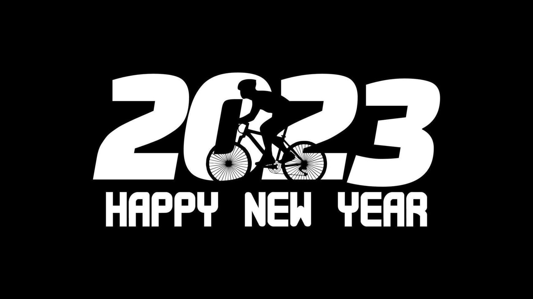 Happy New Year 2023 text with bicycle design. Cover of business diary for 2023 with wishes. Brochure design template, card, banner. Vector illustration. Isolated on black background.