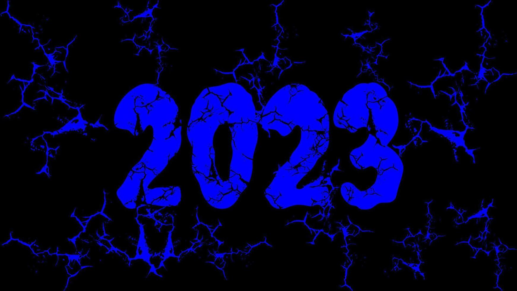 Happy New Year 2023. Blue text with cracks effect isolated on black background. Suitable for greeting card, banner, poster, logo, business vector