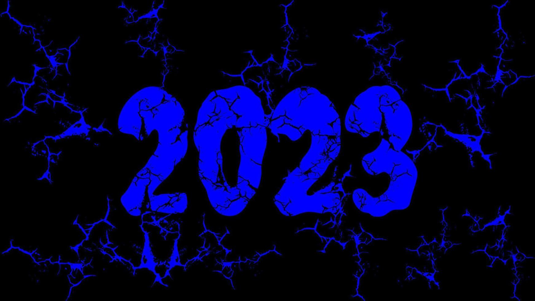 Happy New Year 2023. Blue text with cracks effect isolated on black background. Suitable for greeting card, banner, poster, logo, business vector