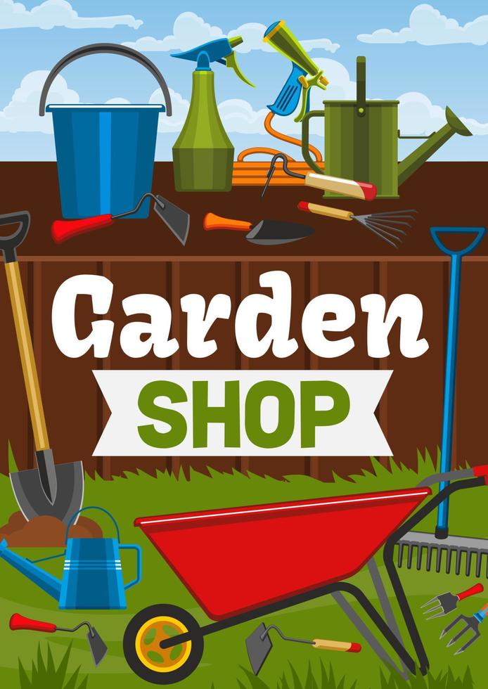 Garden shop and farmer gardening tools vector