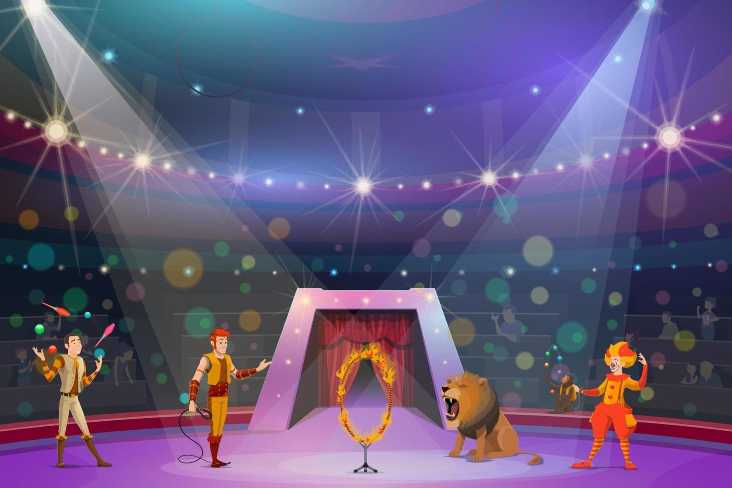 Juggler, clown, handler and lion on circus show vector