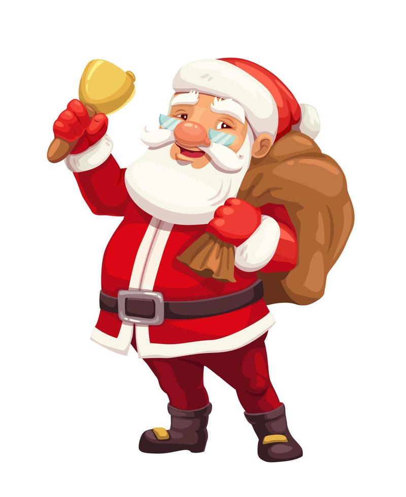 Christmas Santa with gift sack, red hat and bell vector