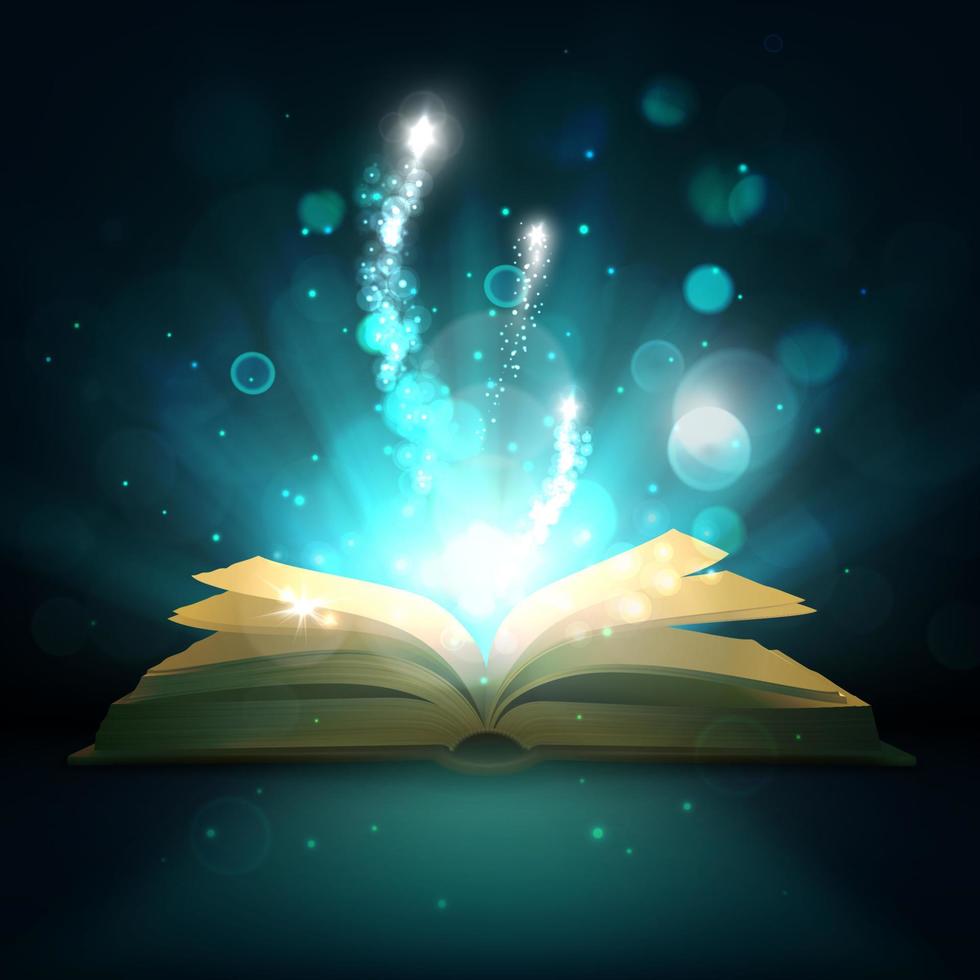 Open magic book, vector light sparkles