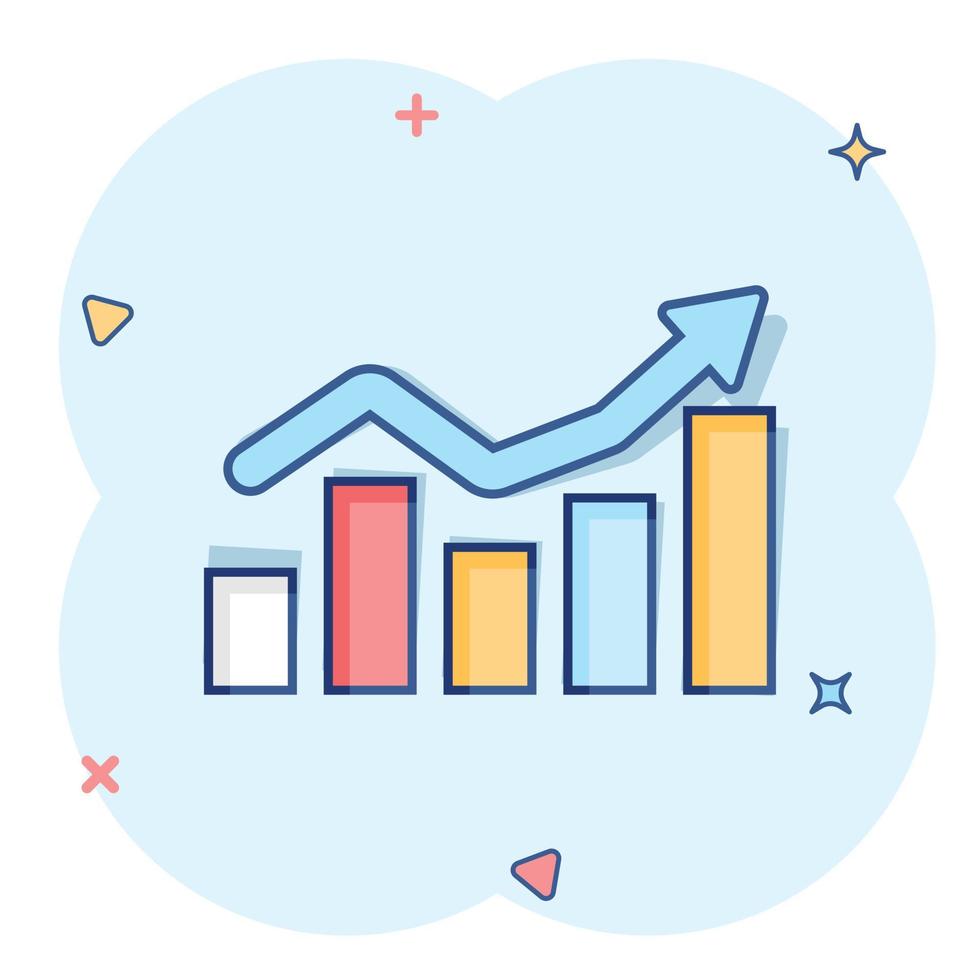 creciente icono de gráfico de barras en estilo cómico. aumentar el pictograma de ilustración de dibujos animados de vector de flecha. efecto de salpicadura de concepto de negocio de progreso infográfico.