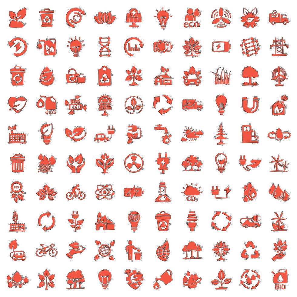 Eco environment icons set in comic style. Ecology cartoon vector illustration on white isolated background. Bio emblem splash effect sign business concept.