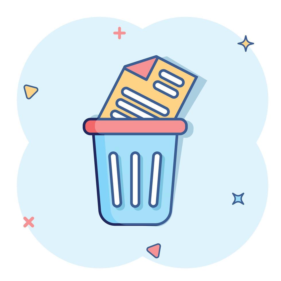Trash bin with document icon in comic style. Paper recycle cartoon vector illustration on white isolated background. Office garbage splash effect business concept.