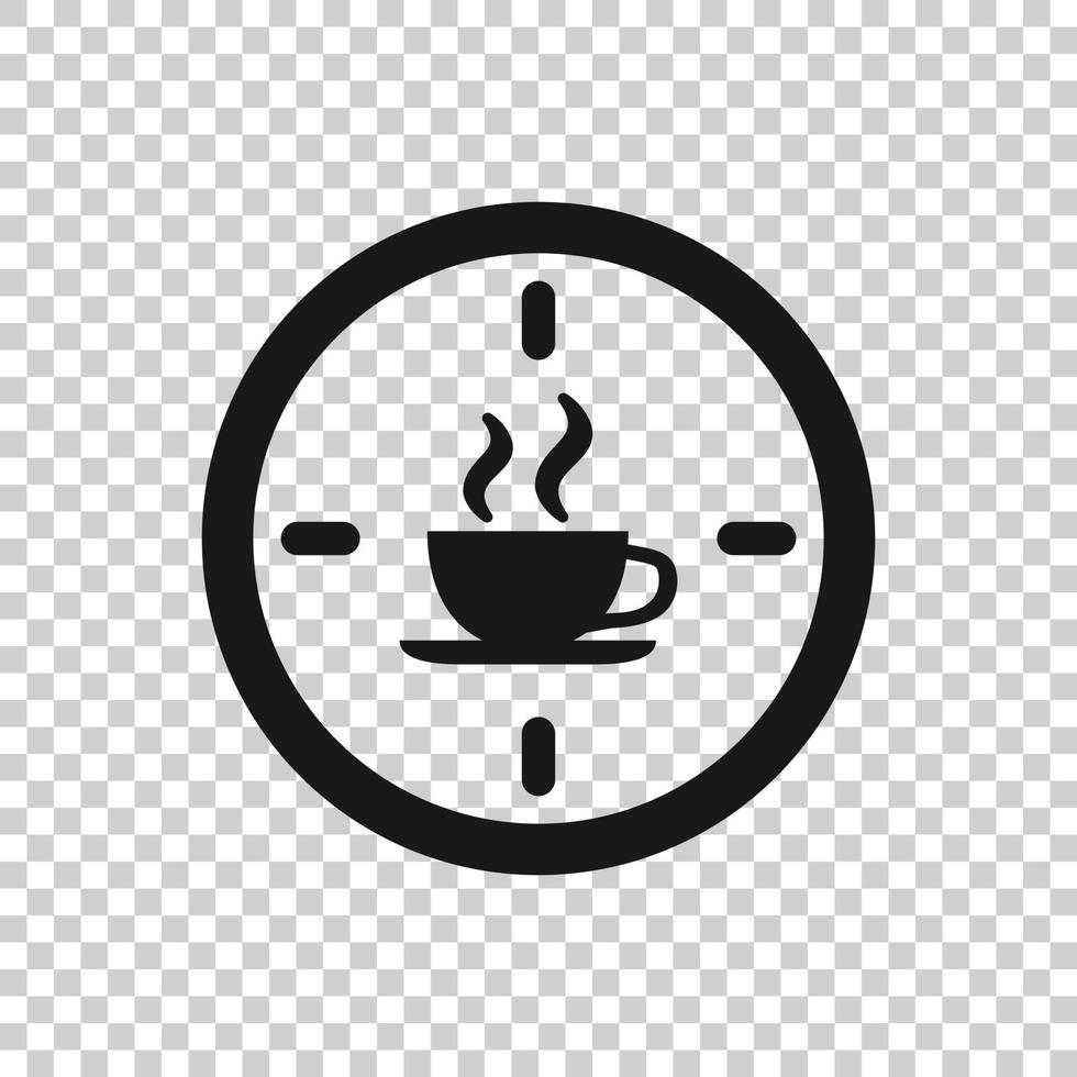 icono de pausa para el café en estilo plano. reloj con ilustración de vector de taza de té sobre fondo blanco aislado. concepto de negocio de la hora del desayuno.