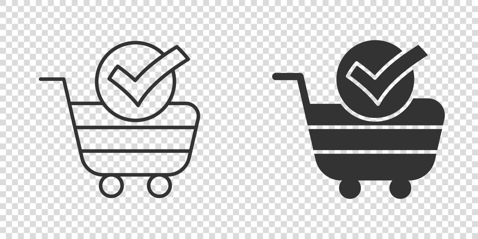 Shopping cart check mark icon in flat style. Buy approval vector illustration on white isolated background. Confirm business concept.