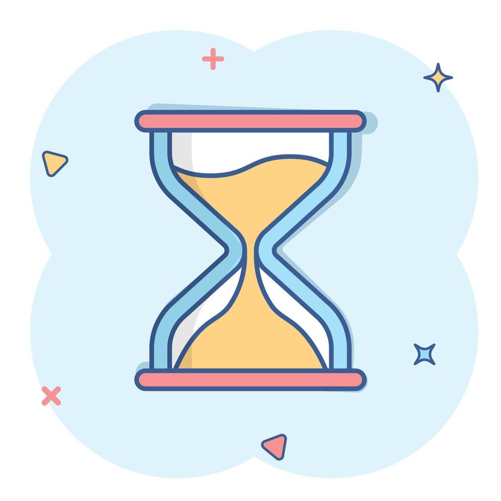 Hourglass icon in comic style. Sandglass cartoon vector illustration on white isolated background. Clock splash effect business concept.