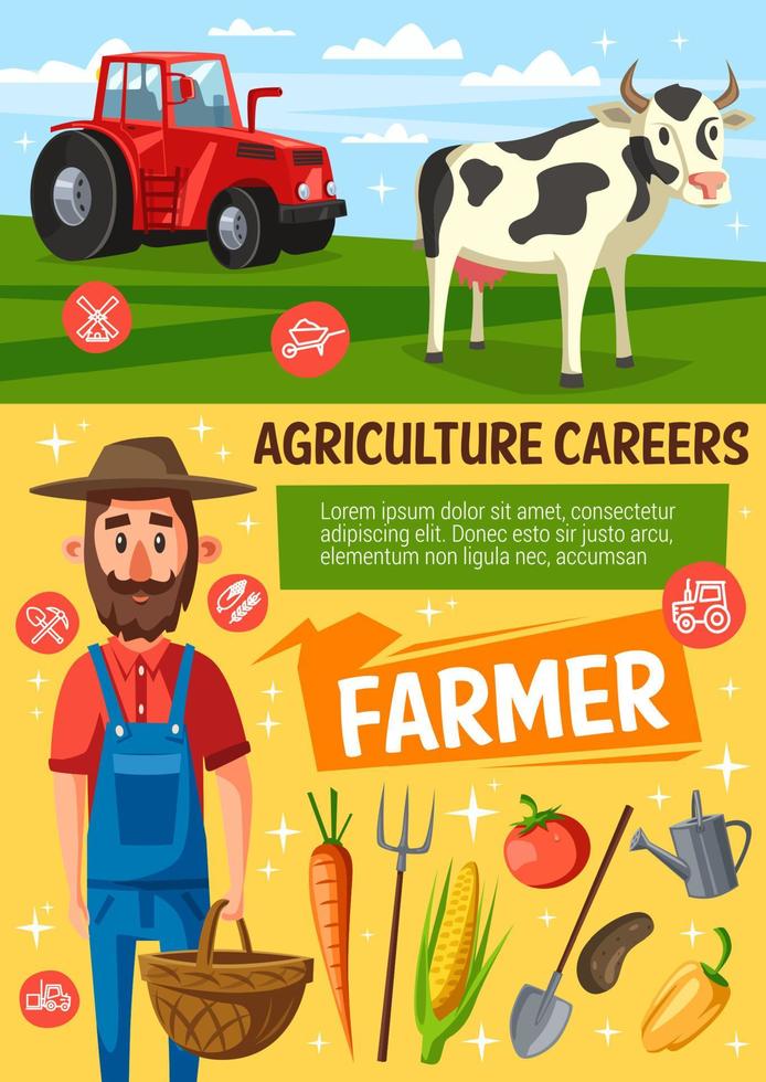 Farmer on farm, cow and tractor vector