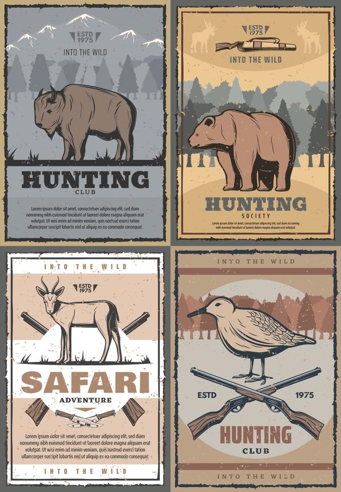 cartel retro de la aventura del safari de la caza de los animales salvajes vector