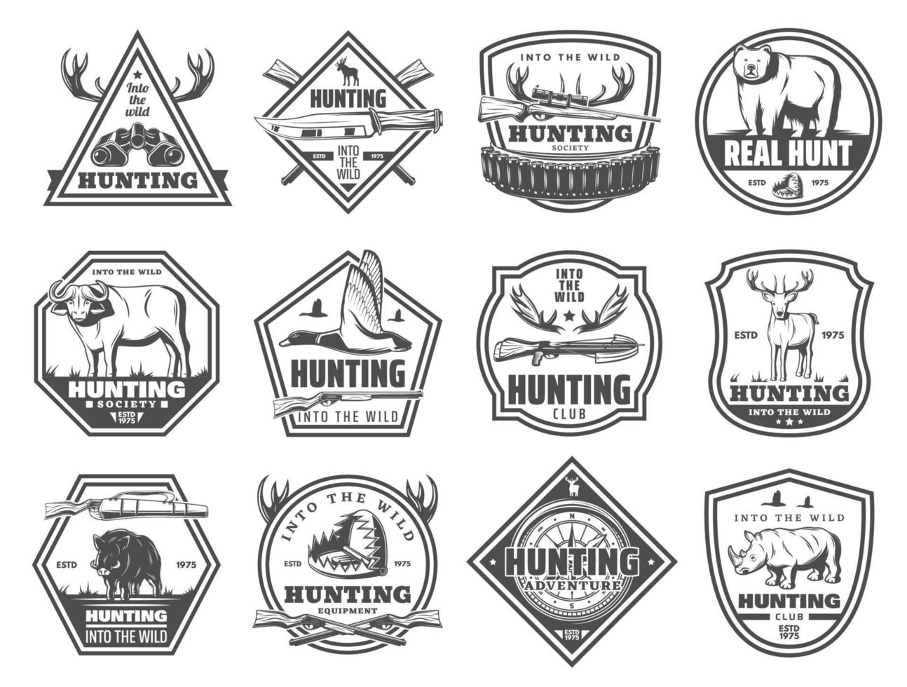 Wild forest and African animals hunt club icons vector