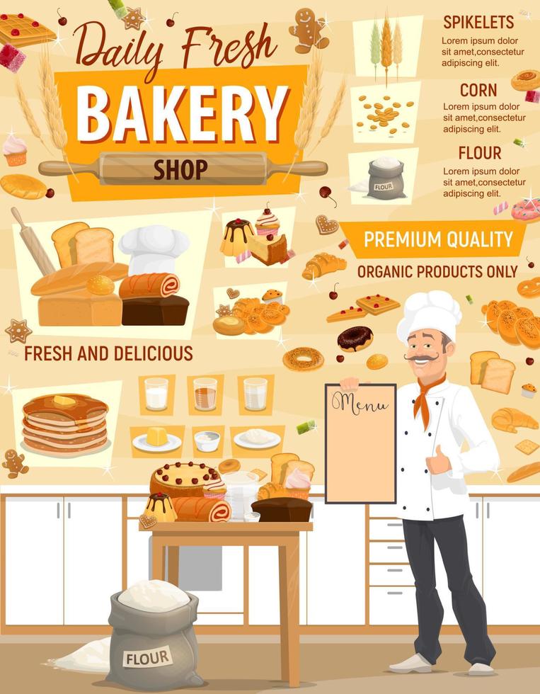 pastelería vectorial, ingredientes de panadería y panadero vector