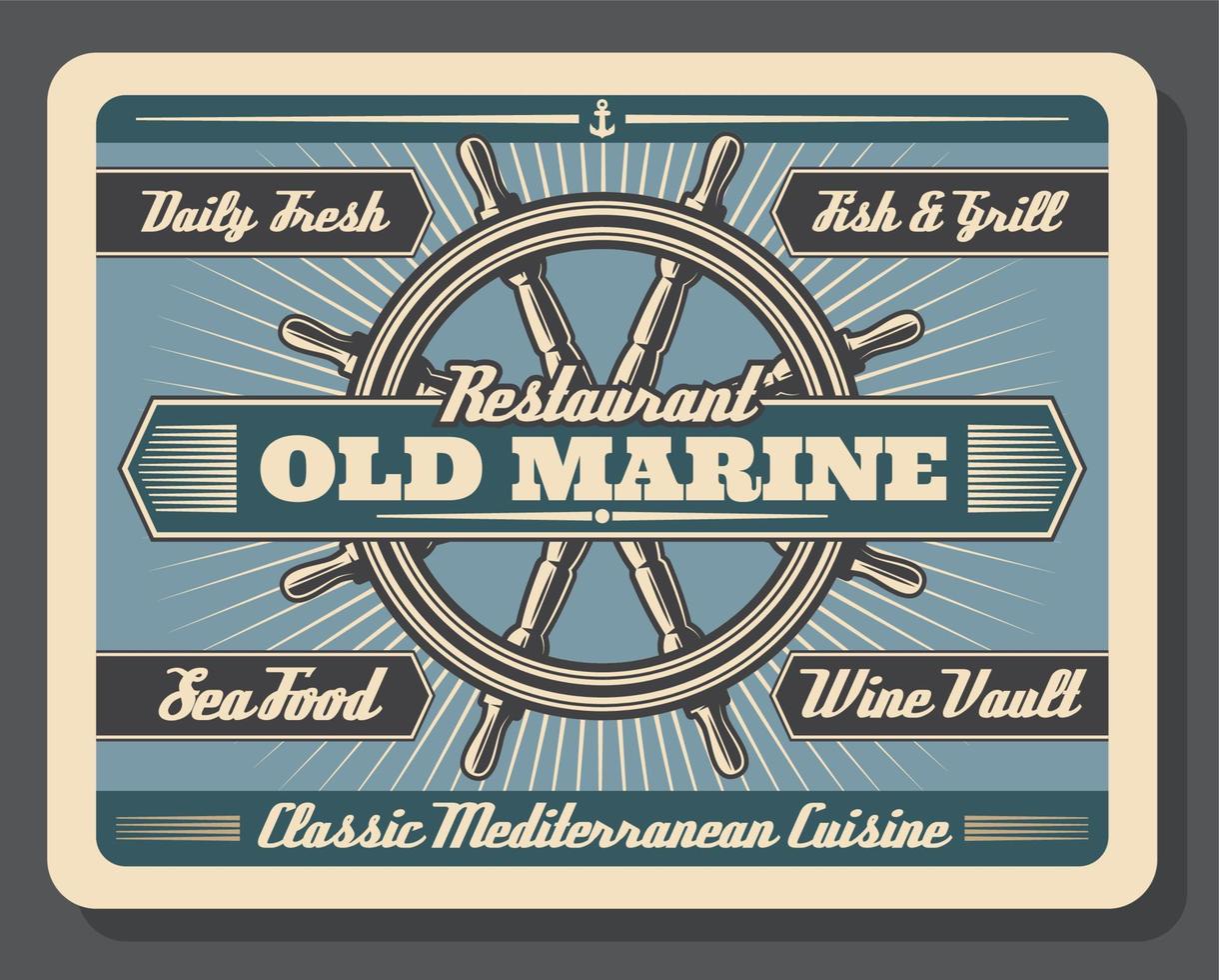 Marine steering wheel, retro vector poster