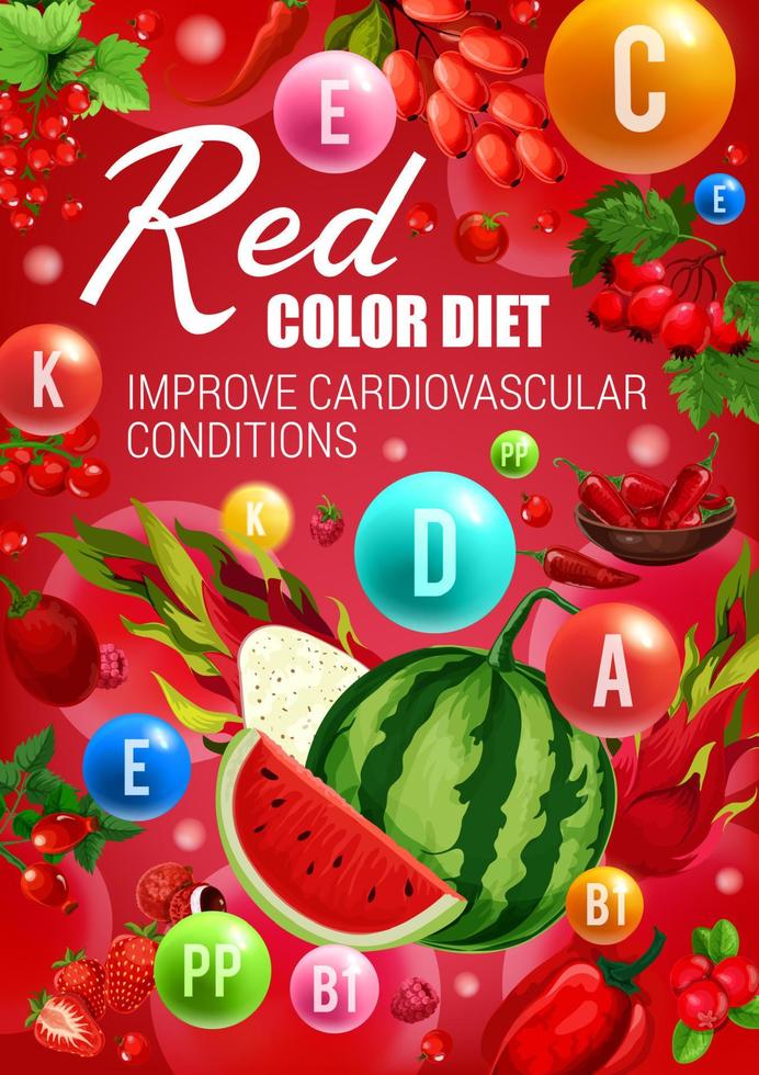 Color diet food, red fruits, berries and veggies vector