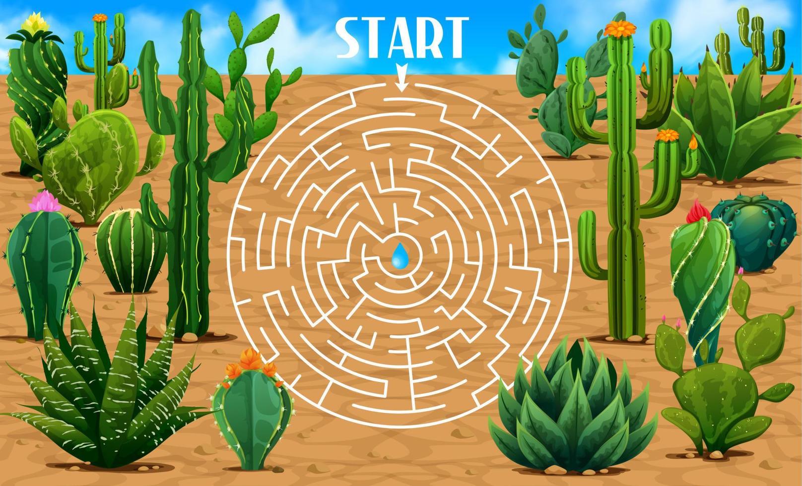 Round labyrinth maze mexican prickly cactuses vector