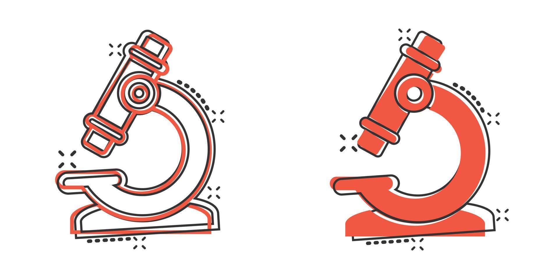 Microscope icon in comic style. Laboratory magnifier cartoon vector illustration on isolated background. Biology instrument splash effect sign business concept.