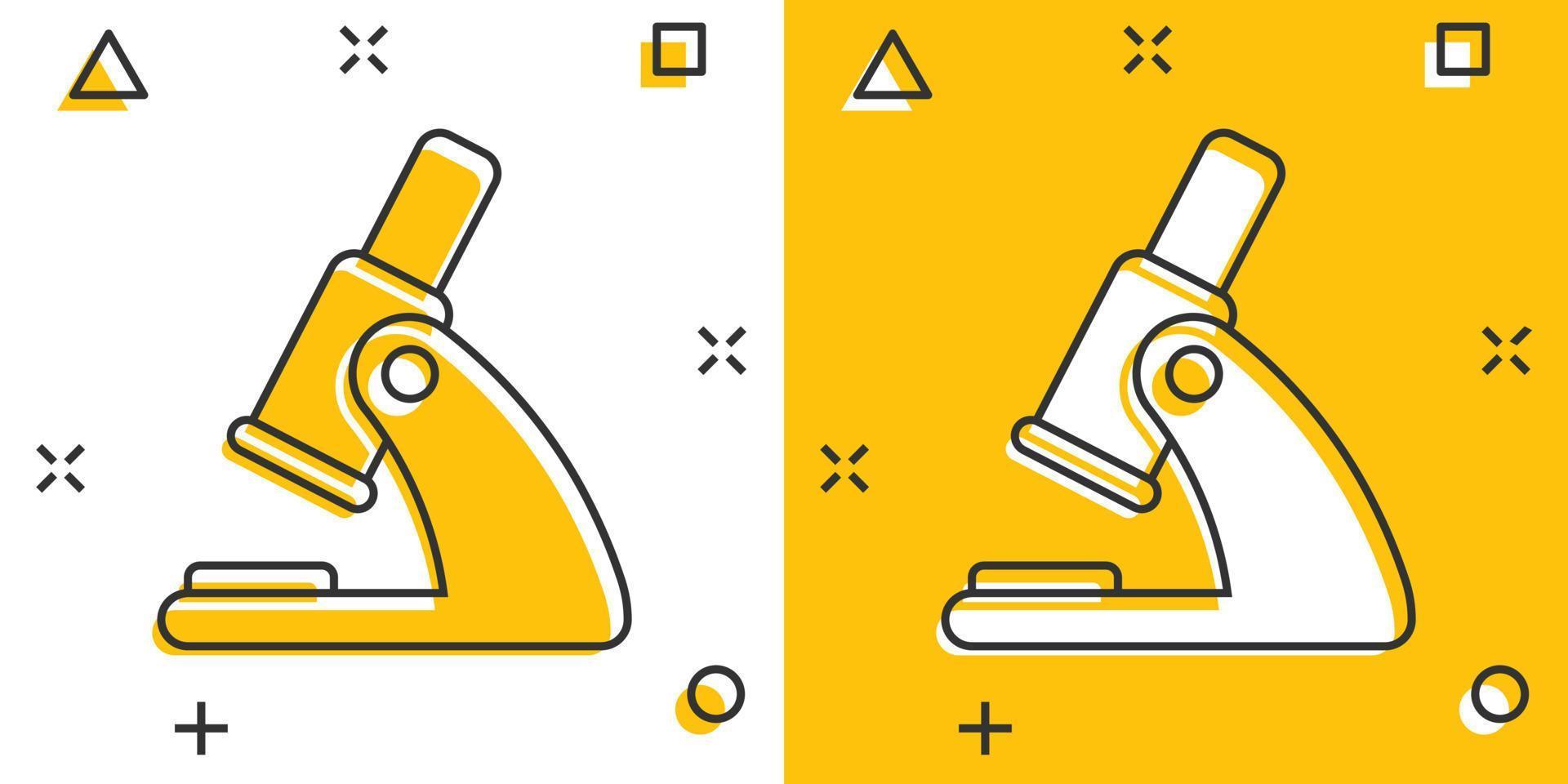 icono de microscopio en estilo cómico. Ilustración de vector de dibujos animados de lupa de laboratorio sobre fondo aislado. concepto de negocio de signo de efecto de salpicadura de instrumento de biología.