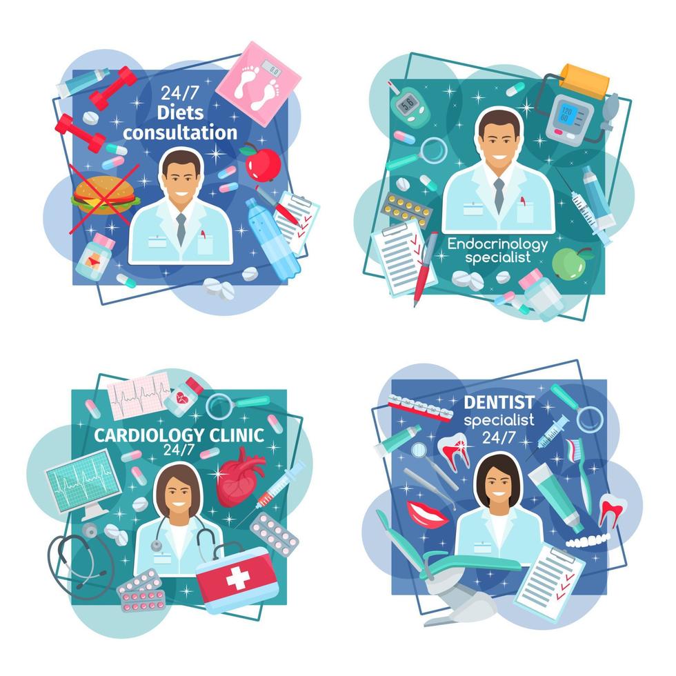 Doctors with tools, pills and human organs vector