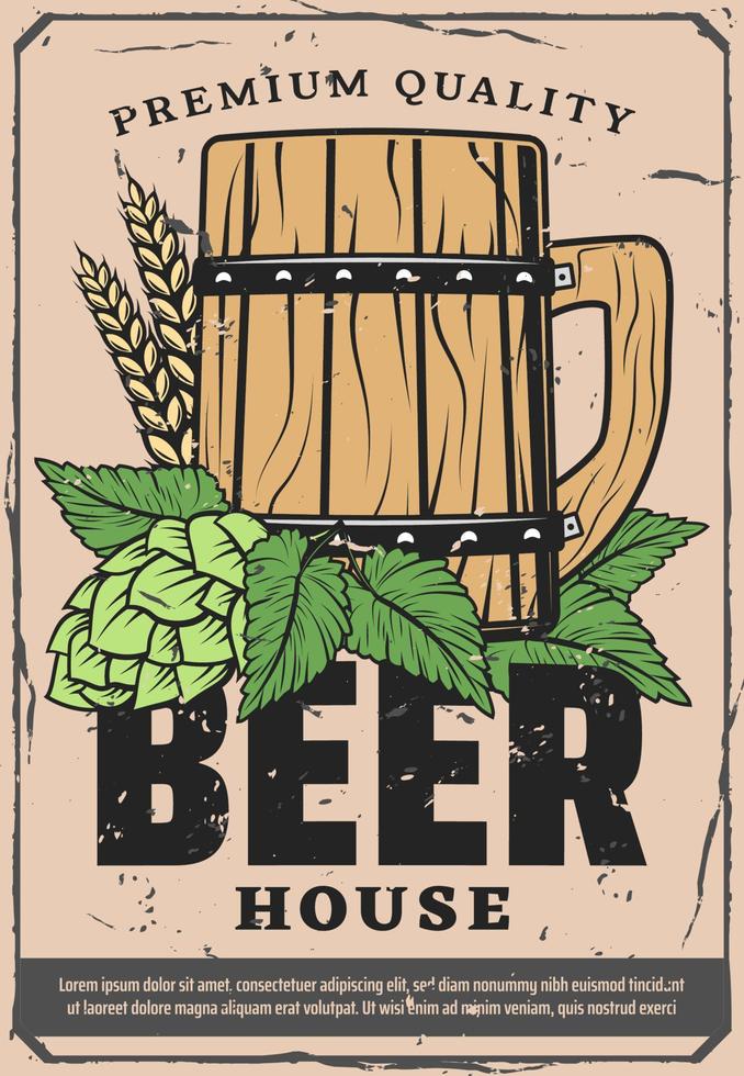 Beer house retro poster with craft wooden pint vector