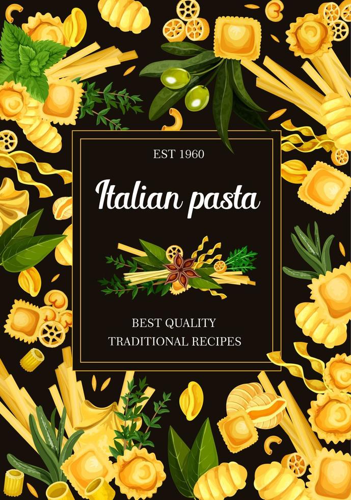 menú de tipos de pasta, comida italiana y condimentos vector