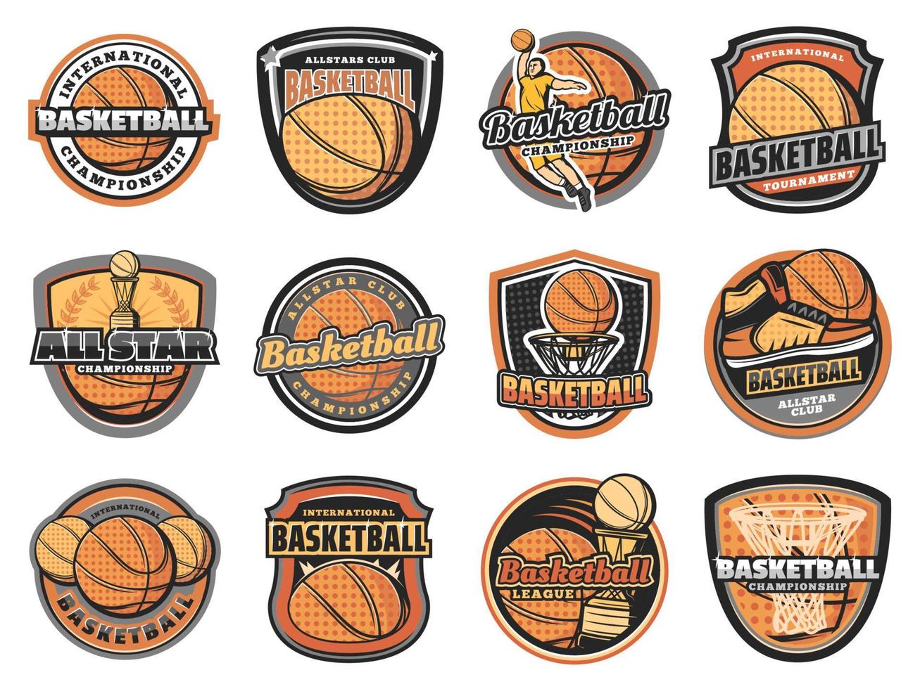 Basketball ball, basket, player and trophy icons vector