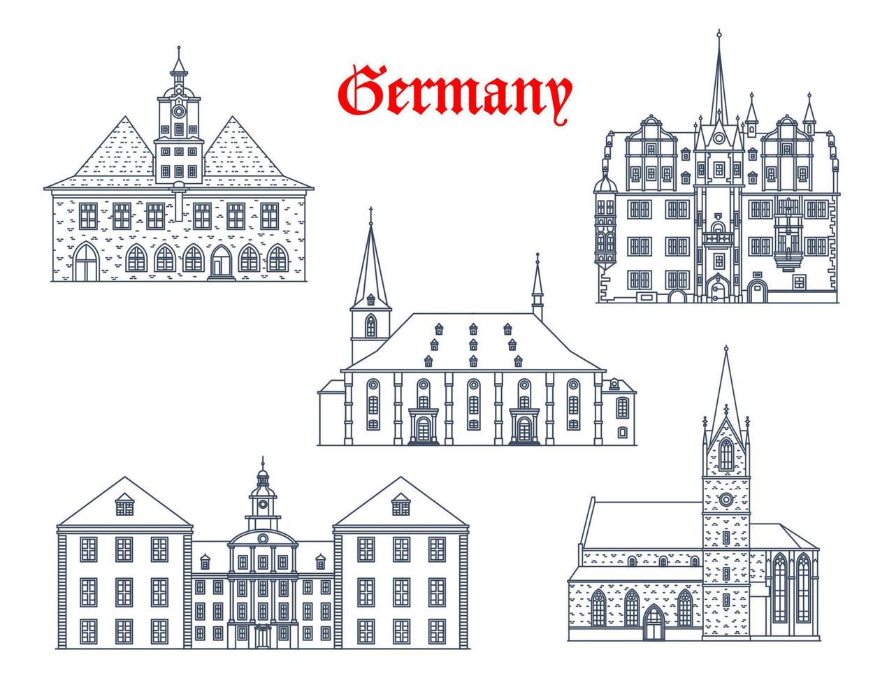 Germany, Jena, Erfurt and Saalfeld city buildings vector