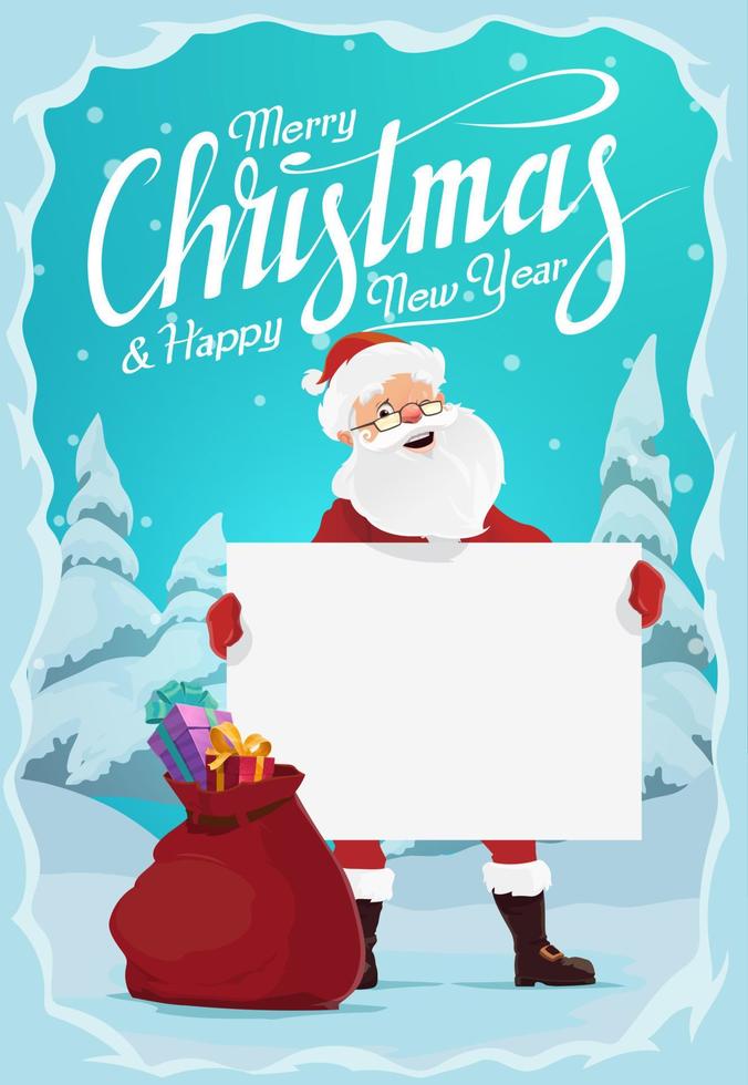 santa claus con regalos de navidad y cartel en blanco vector