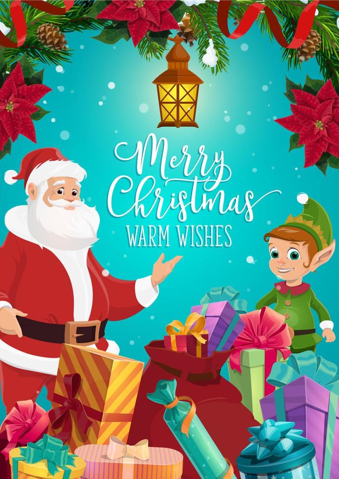 Santa and elf with Christmas gifts and presents vector