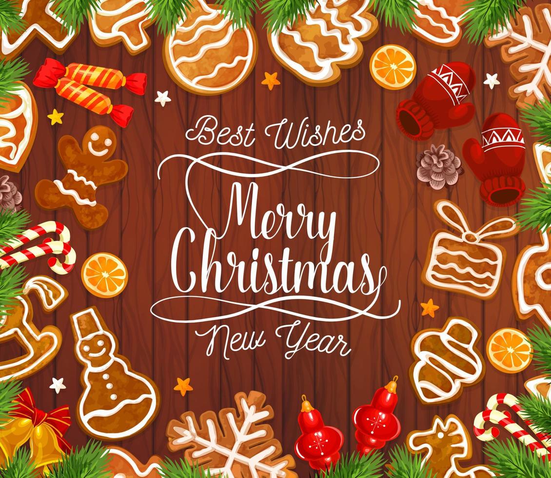 Christmas gingerbread cookies on wooden backdrop vector