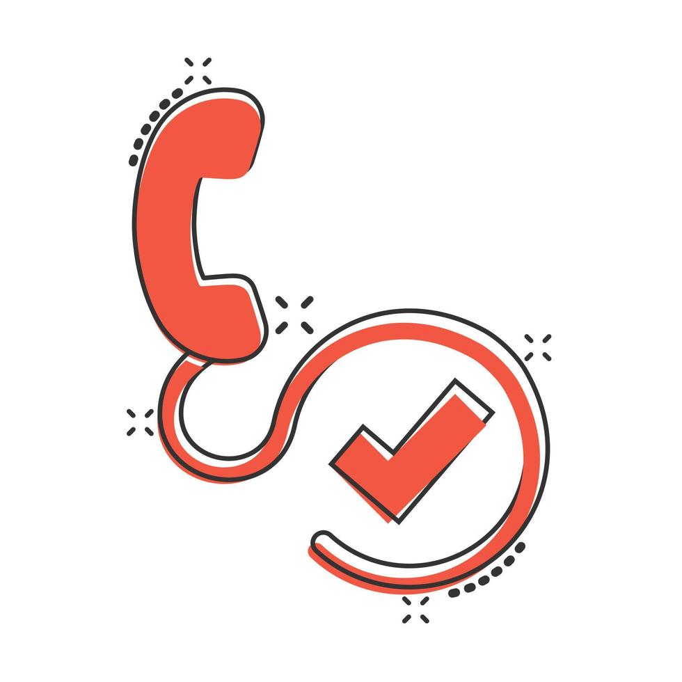 Phone check mark icon in comic style. Smartphone approval cartoon vector illustration on white isolated background. Confirm splash effect business concept.