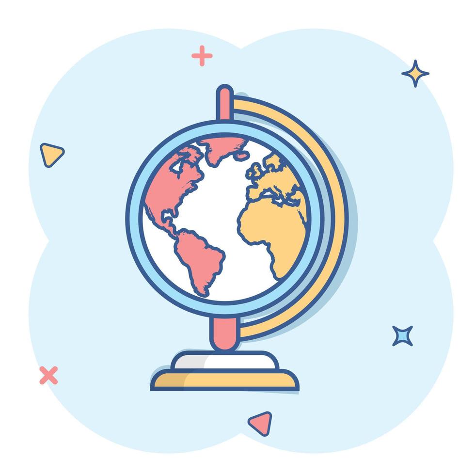 Vector cartoon globe world map icon in comic style. Round earth illustration pictogram. Planet business splash effect concept.