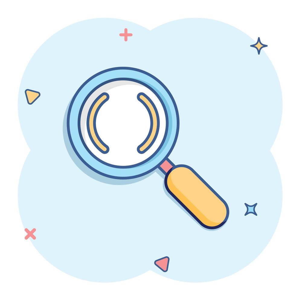 Loupe sign icon in comic style. Magnifier cartoon vector illustration on white isolated background. Search splash effect business concept.
