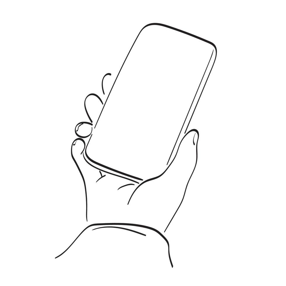 línea arte mano sosteniendo smartphone ilustración vector dibujado a mano aislado sobre fondo blanco