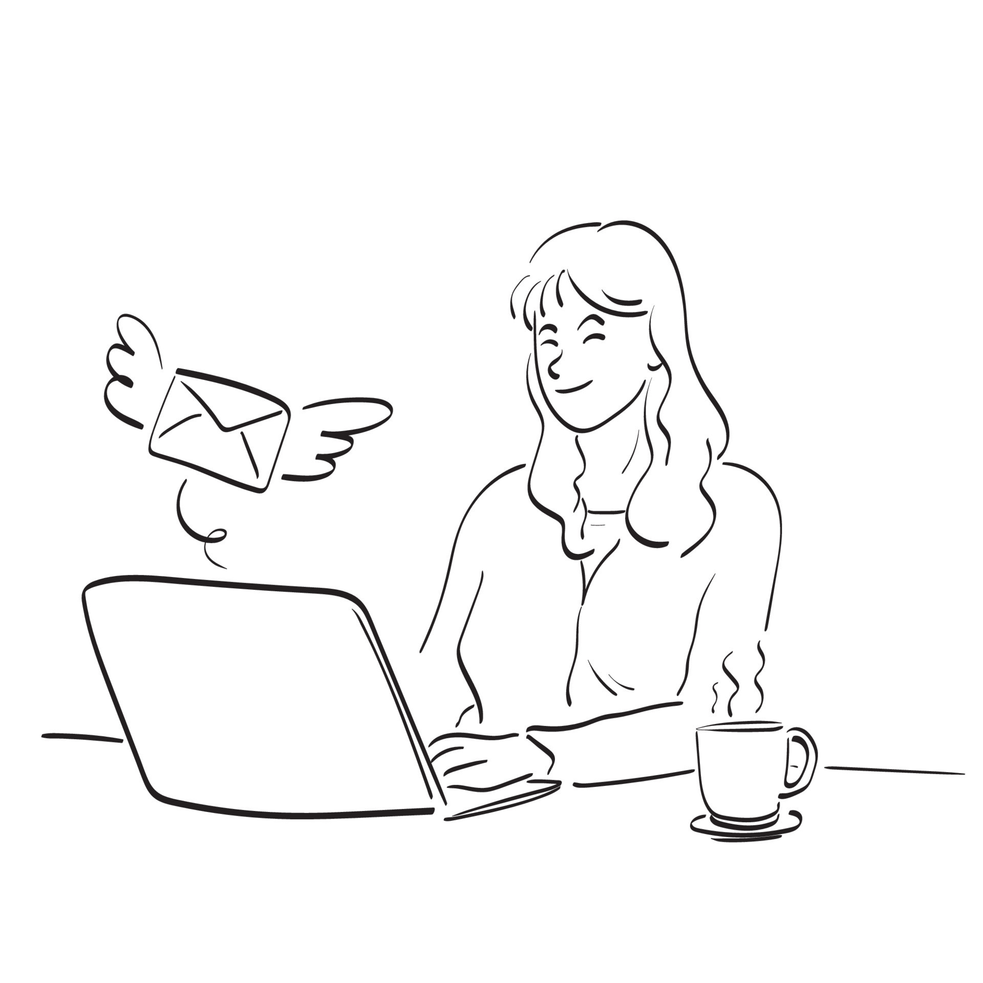 line art woman sending email with wings illustration vector hand drawn