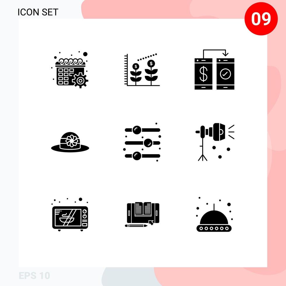 9 User Interface Solid Glyph Pack of modern Signs and Symbols of on design element cashless cap beach Editable Vector Design Elements