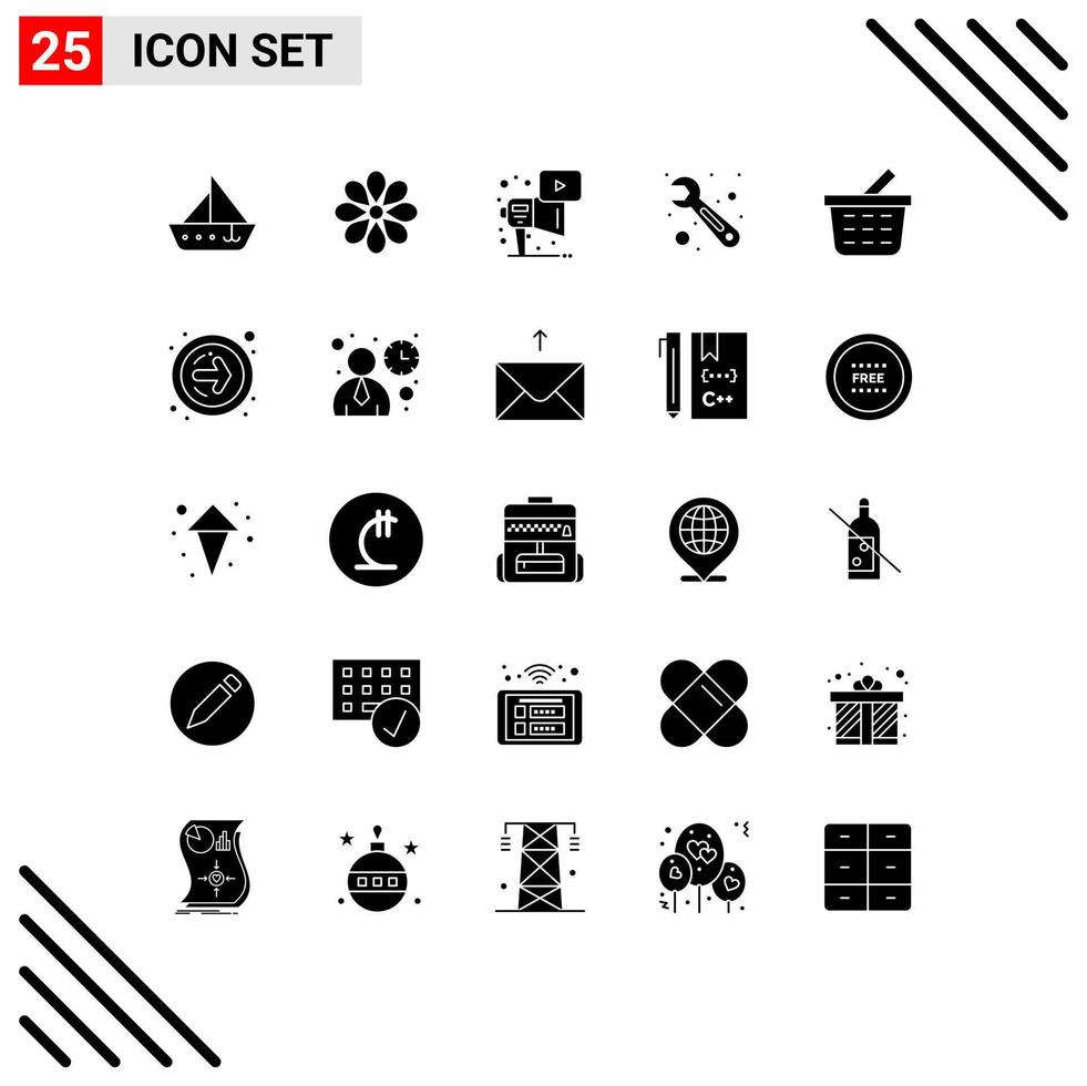grupo universal de símbolos de iconos de 25 glifos sólidos modernos de elementos de diseño de vectores editables de megáfono de reparación de flores de herramientas de canasta