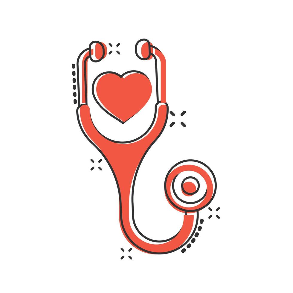 Stethoscope icon in comic style. Heart diagnostic cartoon vector illustration on isolated background. Medicine splash effect sign business concept.