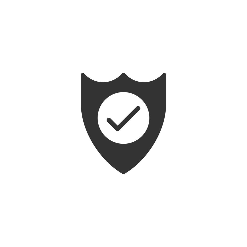 Shield with check mark icon in flat style. Protect vector illustration on white isolated background. Checkmark guard business concept.